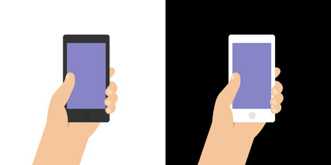 Smartphone screen illustration. Hand holds the smartphone, isolated on white and black background. Modern flat mockup.