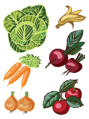 vegetables and fruits on white