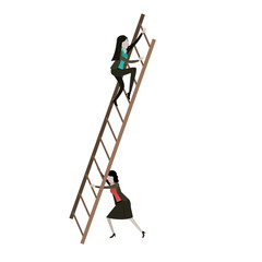 white background with business women climbing wooden stairs