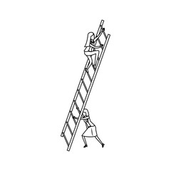 white background with monochrome businesswoman climbing wooden stairs to reach a star