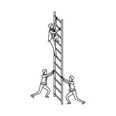 white background with monochrome business men climbing wooden stairs