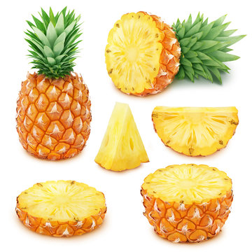 Pineapple set: whole and sliced pineapples.