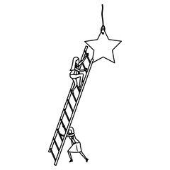 white background with monochrome businesswoman climbing wooden stairs to reach a star
