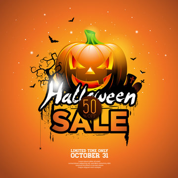 Hallowen Sale vector illustration with pumpkin, cemetery and bats on orange sky background. Design for offer, coupon, banner, voucher or promotional poster