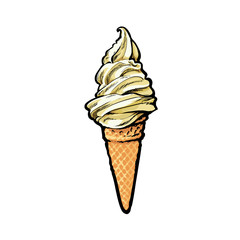 Vector sketch ice cream waffle cone. Hand drawn cartoon isolated illustration on a white background. Sweet delicious dessert food, snack