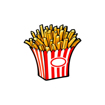 Vector sketch potato fry, french fries on striped red white paper box. Hand drawn cartoon isolated illustration on a white background. Tasty fast food