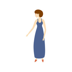 vector flat adult woman in blue long dress isolated. Isolated illustration on a white background. Full lenght portrait. Family character cartoon concept