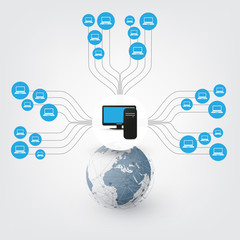 Networks - Abstract Cloud Computing and Global Network Connections Concept Design with Earth Globe and Server Computer - Illustration in Editable Vector Format 