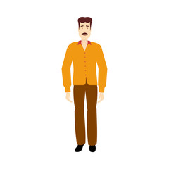 vector adult man with mustage wearing yellow shirt, brown trousers isolated. Full lenght portrait. Flat illustration on a white background, Family character cartoon concept.