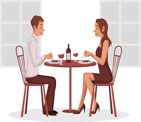 Cartoon couple eating in restaurant