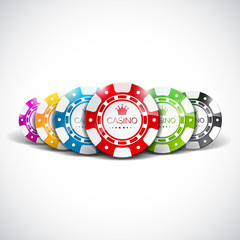 Vector illustration on a casino theme with color playing chips on clear background. Gambling design elements.