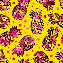 Photo sur Plexiglas Jaune Modèle sans couture avec des ananas décoratifs. Fruits tropicaux. Rapport textile.