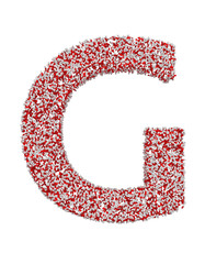 3D render of red and white alphabet make from pills. Big letter G with clipping path. Isolated on white background