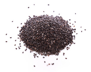 Chia seeds close up on a white background