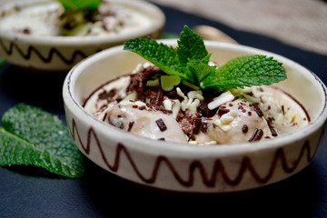 Sweet ice Cream in Bowl with Mint Leaves