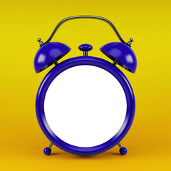 3d illustration of blue glossy alarm clock against yellow background with space for text