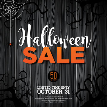Halloween Sale vector illustration with coffin and Holiday elements on black background. Design for offer, coupon, banner, voucher or promotional poster