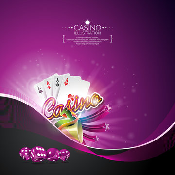 Vector illustration on a casino theme with poker cards and gambling design elements on dark violet background. 