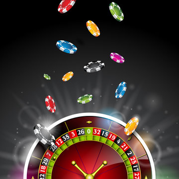 Vector illustration on a casino theme with color playing chips and roulette wheel on black background. Gambling design elements.