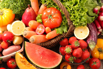 closeup on raw fruit and vegetable