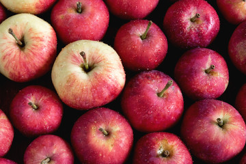 Background with small apples Wooden background Beautiful small apples Harvest background Above