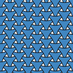 Blue seamless wickerwork triangle surface pattern. Vector graphic. Repeated interlocking blue figures on white color background.