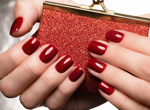 Bright Festive Red Manicure On Female Hands. Nails Design.