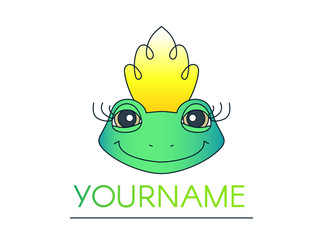 Friendly smiling green frog in a crown, logotype isolated on white background. Magic fairytale toad with long curled eyelashes. Fantastic creature, cartoon character. Animal princess. Amphibian queen.