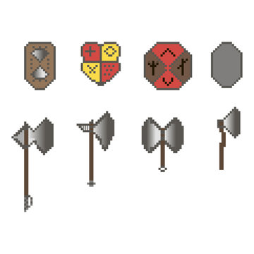 A set of battle axes and shields in pixel style. The illustration is suitable for depicting medieval warriors and Vikings in 8-bit games on PC and console