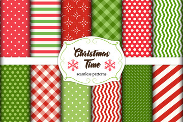 Set of 12 cute seamless Christmas Time patterns with traditional ornaments