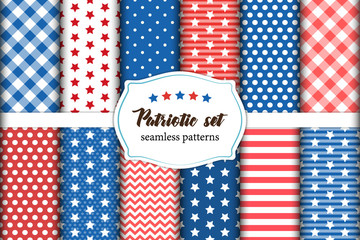Obraz premium Cute set of American patriotic red, white and blue geometric seamless patterns with stars.