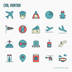 Civil aviation thin line icons set related to airport and tourism. Vector illustration.