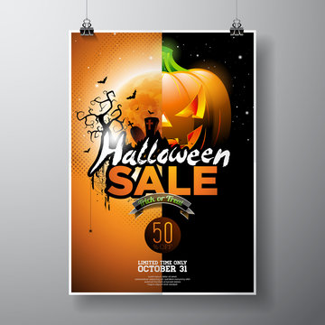Halloween Sale vector illustration with pumpkin, moon, cemetery and bats on orange sky background. Design for offer, coupon, banner, voucher or promotional poster