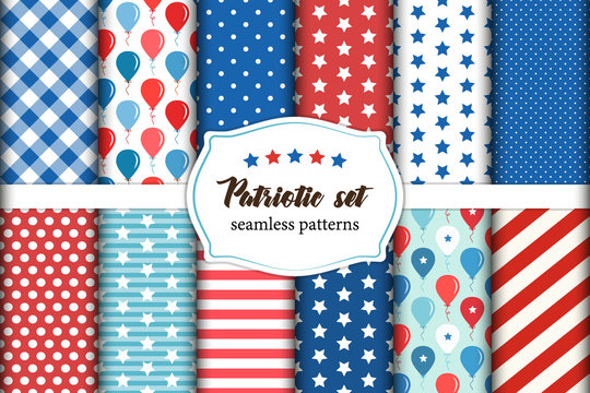 Cute set of American patriotic red, white and blue geometric seamless patterns with stars.