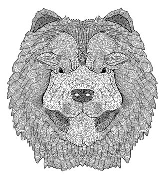 recommend clip art: Dog doodle coloring book. Chinese Chow Chow dog head isolated on white.