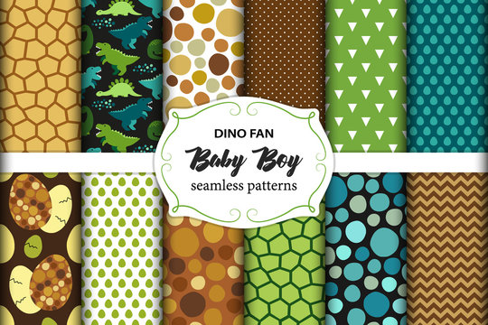 Cute Set Of Childish Seamless Patterns With Dinosaurs Ideal For Fabrics, Wallpaper And Different Surfaces