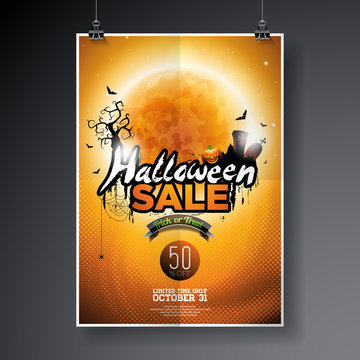 Halloween Sale vector poster template illustration with moon and bats on orange sky background. Design for offer, coupon, banner, voucher or promotional poster