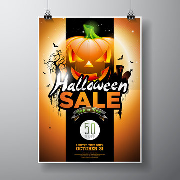 Halloween Sale vector illustration with pumpkin, cemetery and bats on orange sky background. Design for offer, coupon, banner, voucher or promotional poster