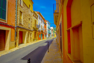 Fototapeta premium Beautiful view of small old steet in Port D Andratx town, located in Mallorca balearic islands, Spain