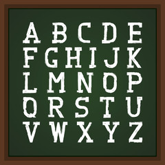 Retro font on chalkboard. Grunge latin letters.