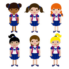 Girls in school uniform and backpack