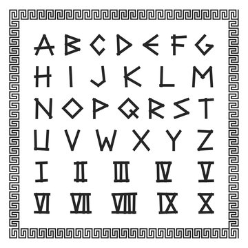 Greek font. Vector english alphabet. Ancient latin letters with numerals.