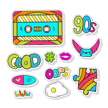 Cartoon stickers or patches set with 90s style design elements. Stock  Vector by ©meowlina_meow 164402814