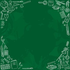 Frame with school icons.Stationery on a blackboard.Design for lessons, teacher's day, knowledge day.Vector illustration with sketch globe, alarm clock, book, pen, ruler and other stationery