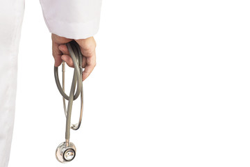 Doctor is going to examine his patient using his stethoscope isolated over white.