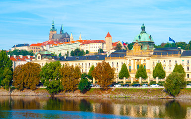 Fototapeta premium Prague panoramic view of Prague Castle and Straka Academy - the seat of Government of Czech Republic.