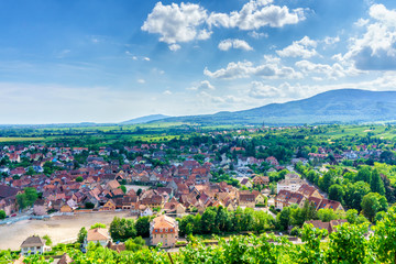 Obraz na płótnie Canvas Obernai aerial view on summer sunshine, Alsace, France