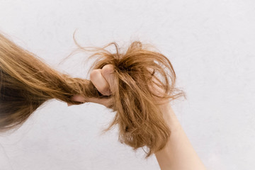 Female hand combing with brush her dry damaged long hair. Daily preparation for looking nice