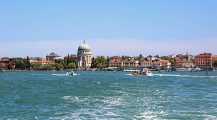 Island called Lido of Venice in Italy and the passenger ferry bo - obrazy, fototapety, plakaty