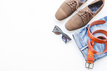 Fashion and beauty concept with Men's casual clothes outfits and accessories on white background